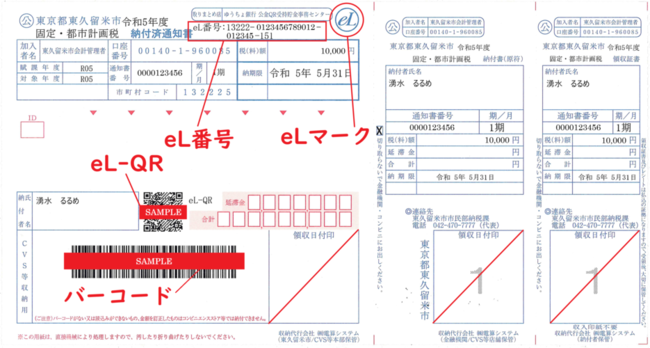eLマークは納付書上部、eL-QRは納付書中央、eL番号はeLマークの左側、バーコードは納付書下部に印刷されます。