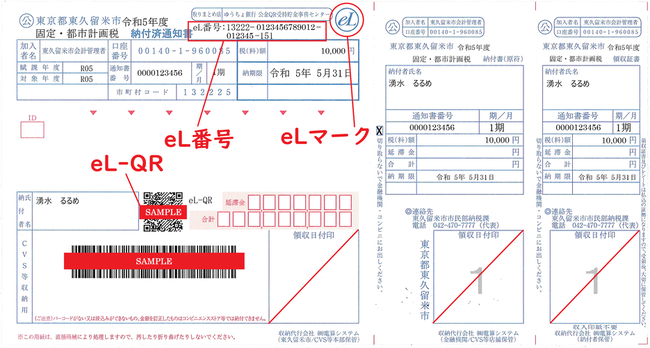 eLマークは納付書上部、eL-QRは納付書中央、eL番号はeLマークの左側に印刷されます。