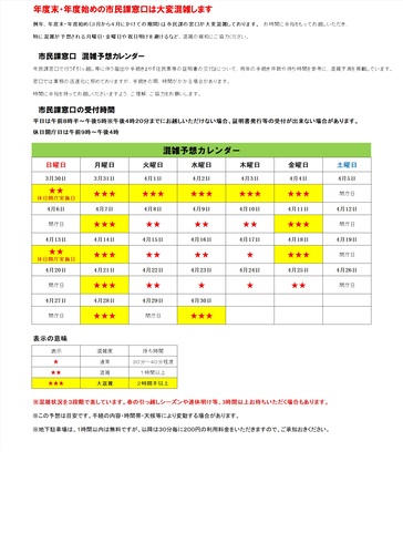 市民課窓口混雑予想カレンダー