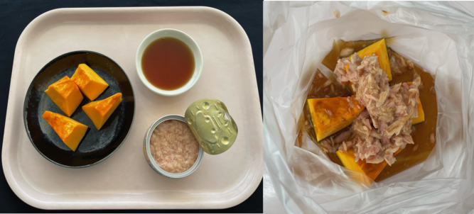 かぼちゃとツナの煮物の材料と袋に入れた様子