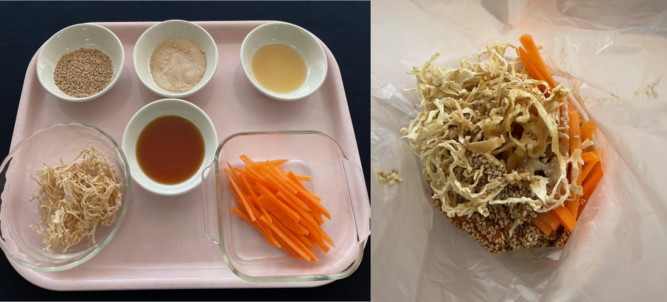 切干大根と人参のごま煮の材料と袋に入れた様子