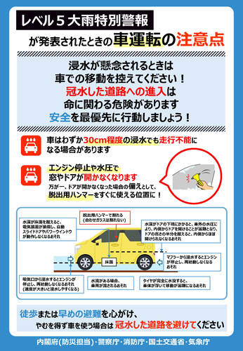 レベル5大雨特別警報が発表されたときの車の運転の注意点